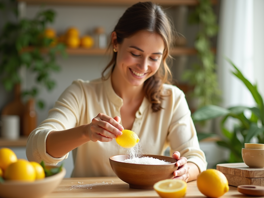 Woman smiling as she zestfully grates a lemon into a bowl in a sunny kitchen.