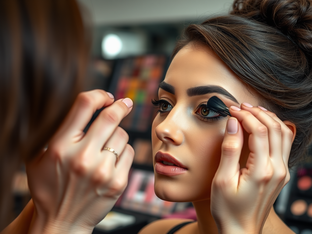 A close-up of a woman applying makeup, focusing on her eyes, with vibrant beauty products in the background.