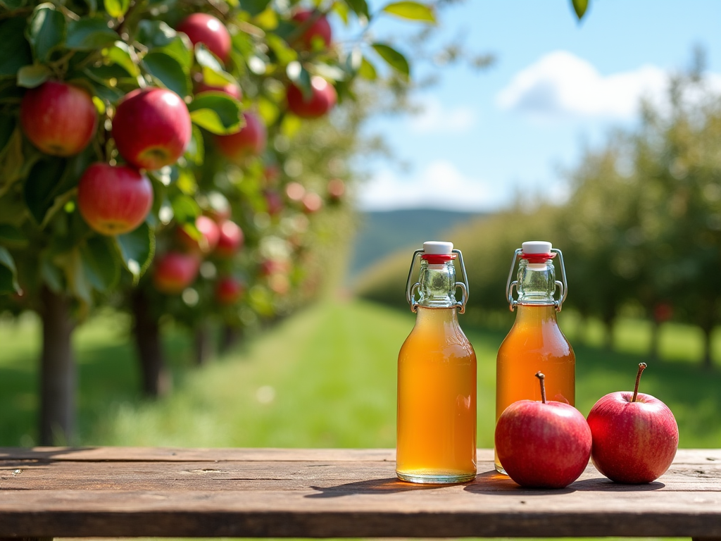 Two bottles of apple juice and fresh apples on a wooden table with apple trees in background.