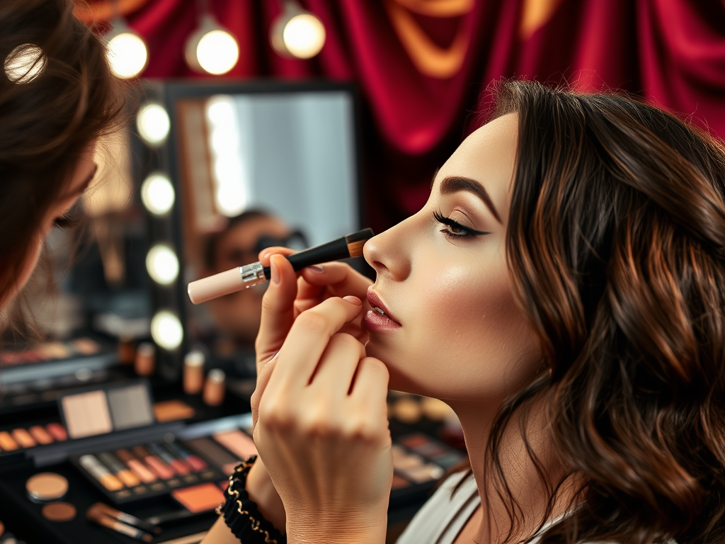 A woman receives makeup application in a beauty studio with bright lights and colorful makeup products on a table.