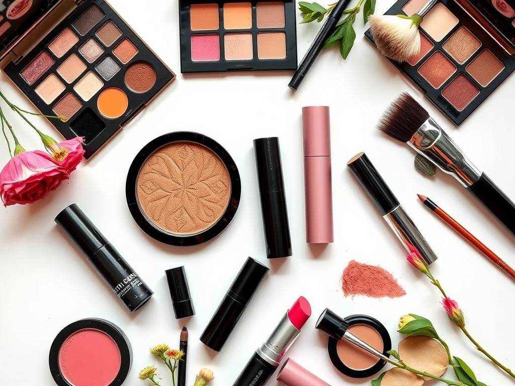 A flat lay of various makeup products, including palettes, lipsticks, brushes, and flowers on a white background.