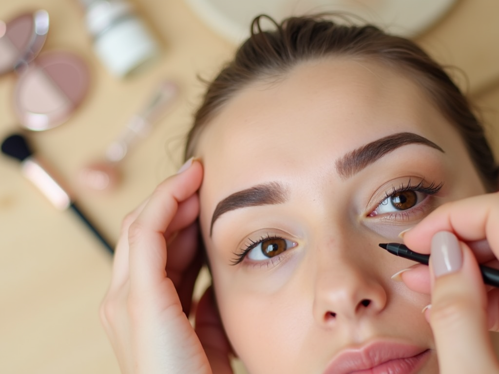 Close-up of a woman applying eyeliner, with a blurred makeup background.