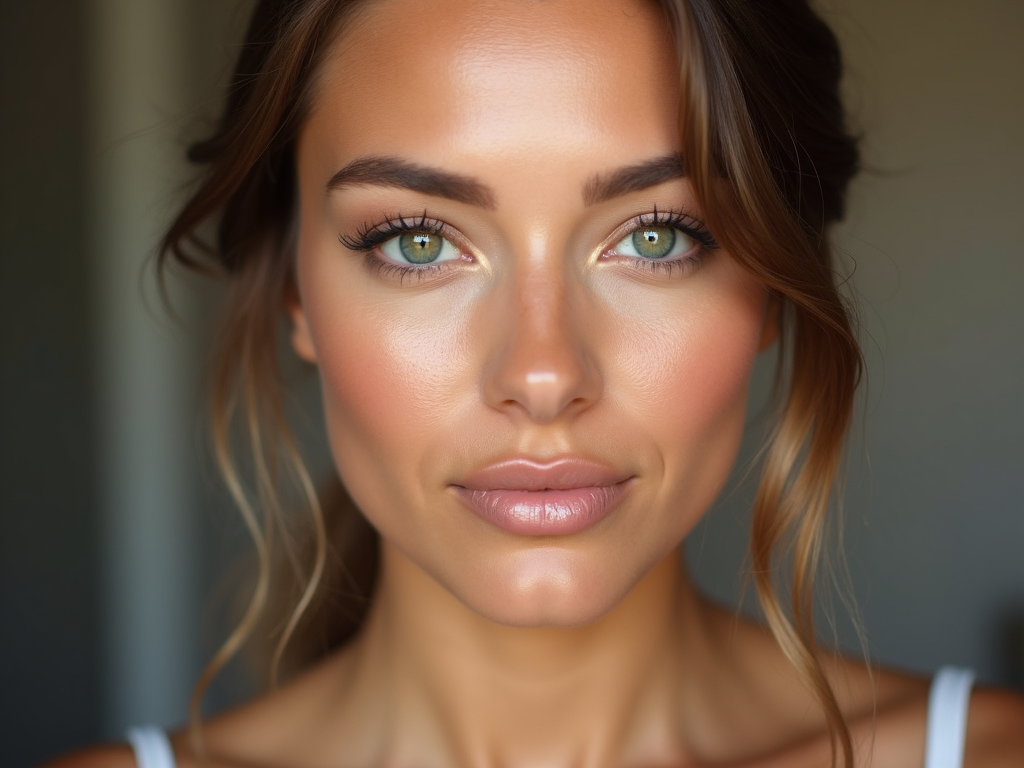 Close-up portrait of a young woman with green eyes and glowing skin.