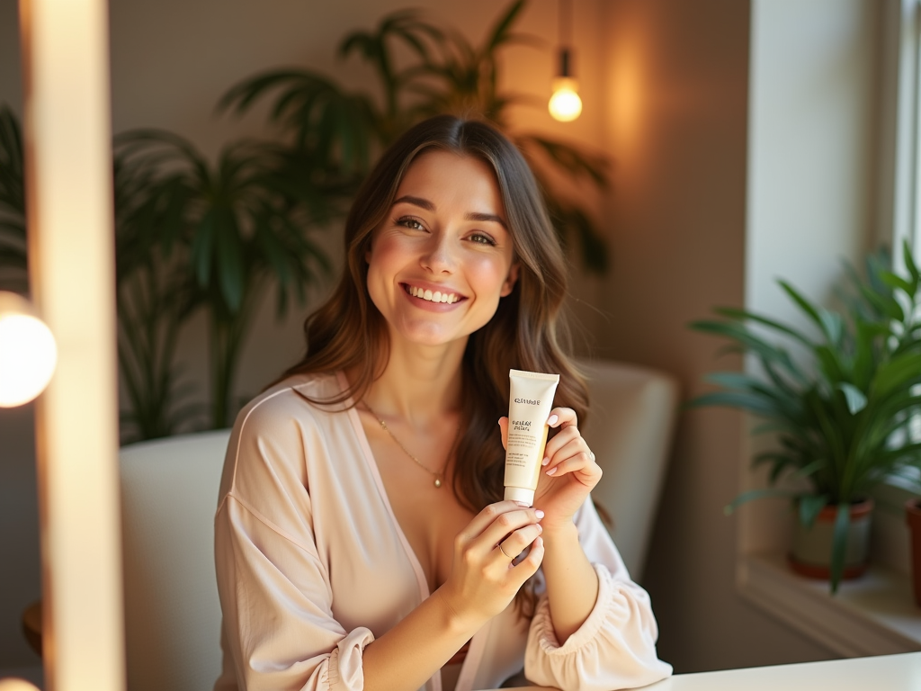 Smiling woman holding a skin care product, sitting at a cozy indoor setting with warm lighting.