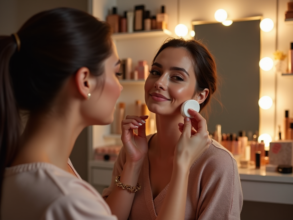 Woman applying makeup on another in a room with vanity lights.