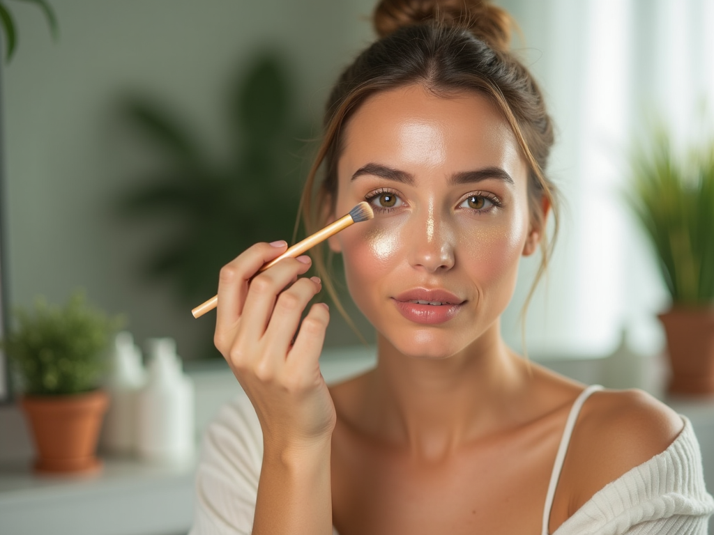 Young woman applying highlighter makeup on her cheek with a brush in a sunlit room.