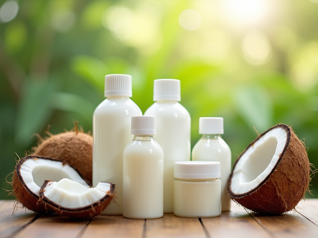 Coconut halves and bottles of coconut products on a wooden table, outdoors.