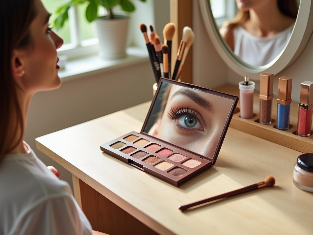 Woman applying makeup, reflected in mirror, eye on palette in focus.