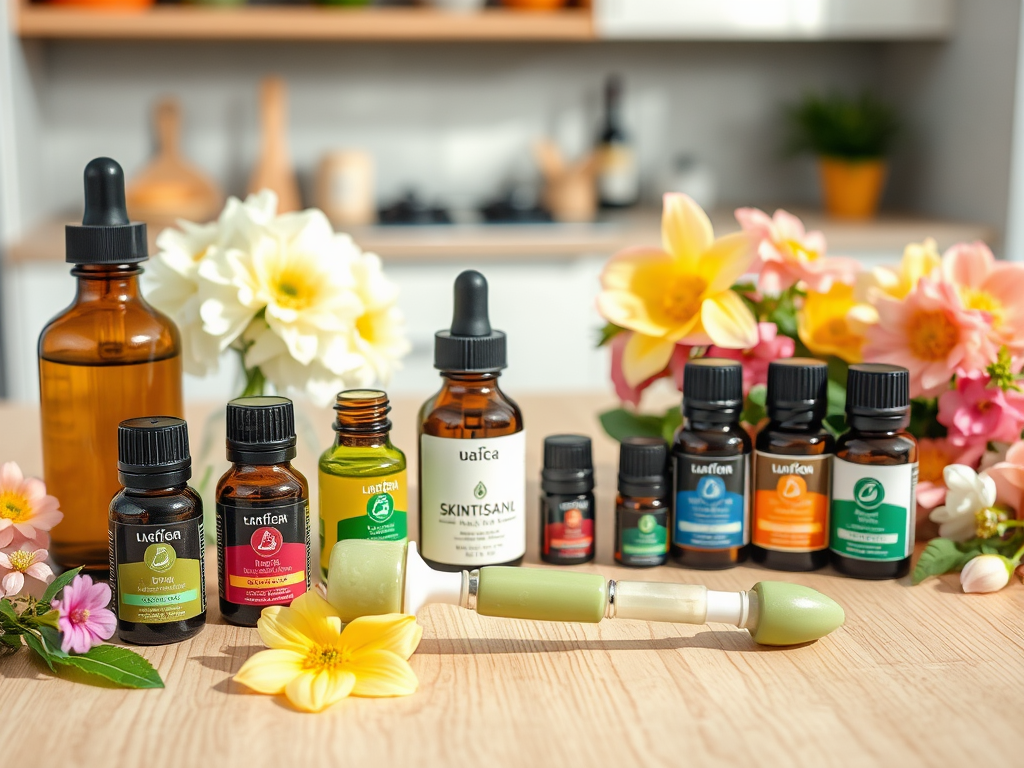 A collection of essential oil bottles and a green roller on a wooden table, surrounded by colorful flowers.