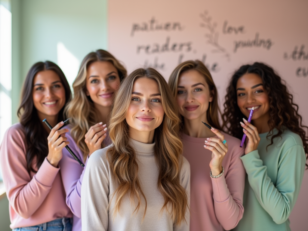 Five women holding pens, smiling in front of a wall with inspirational quotes.