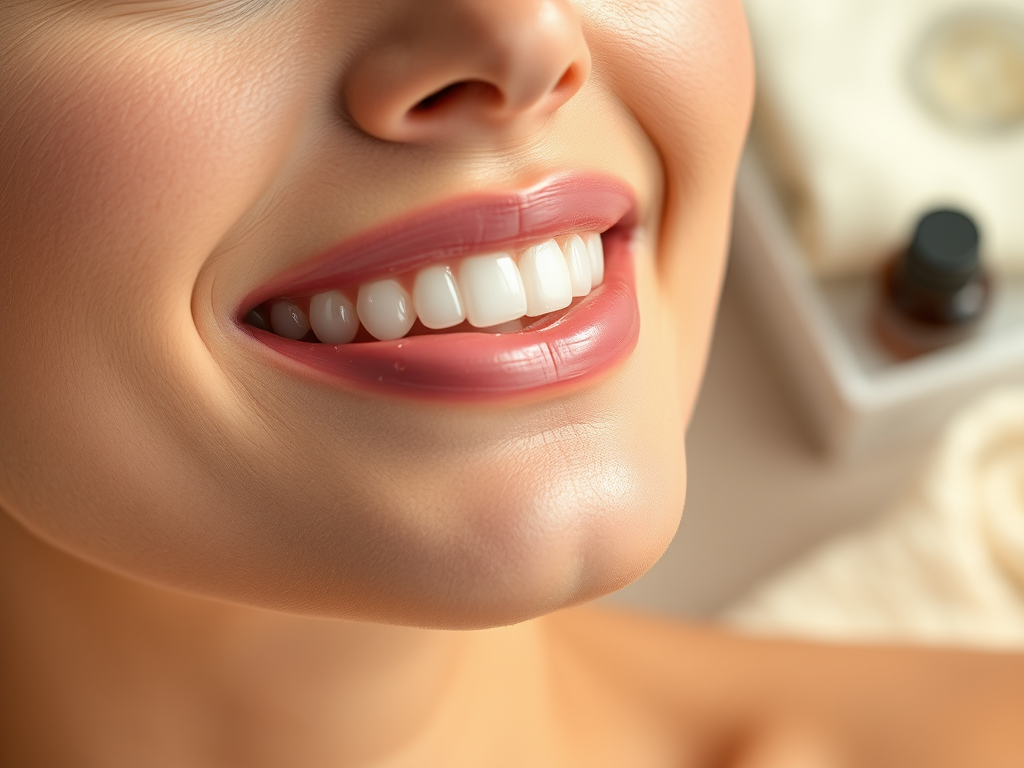 A close-up of a smiling woman showcasing her bright, white teeth and smooth skin, with soothing spa elements in the background.