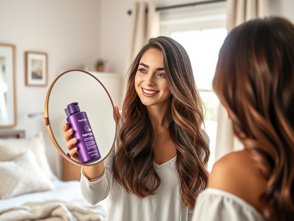 A woman with long hair smiles in a mirror while holding a purple shampoo bottle, looking content in a bright room.