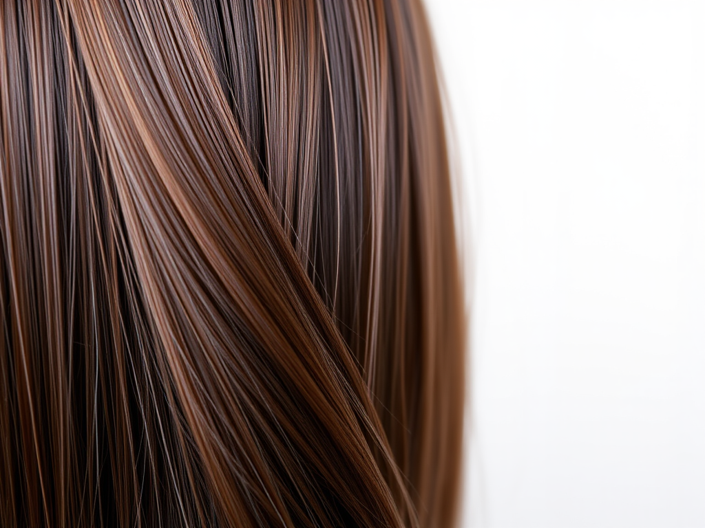 Close-up of smooth, shiny hair featuring varying shades of brown and highlights, set against a neutral background.