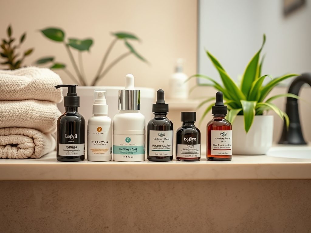 A clean bathroom counter displaying various skincare products, towels, and a small potted plant in the background.