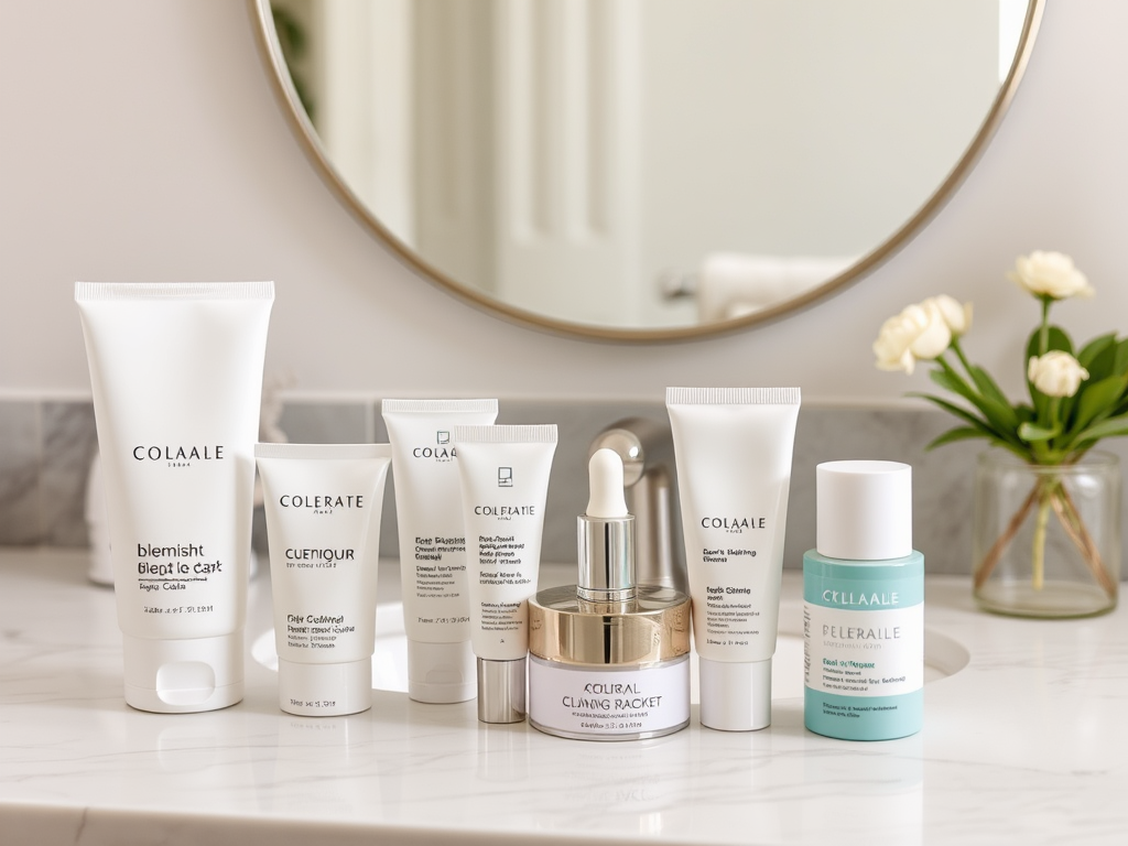 A collection of skincare products on a marble countertop next to a flower arrangement and a mirror.