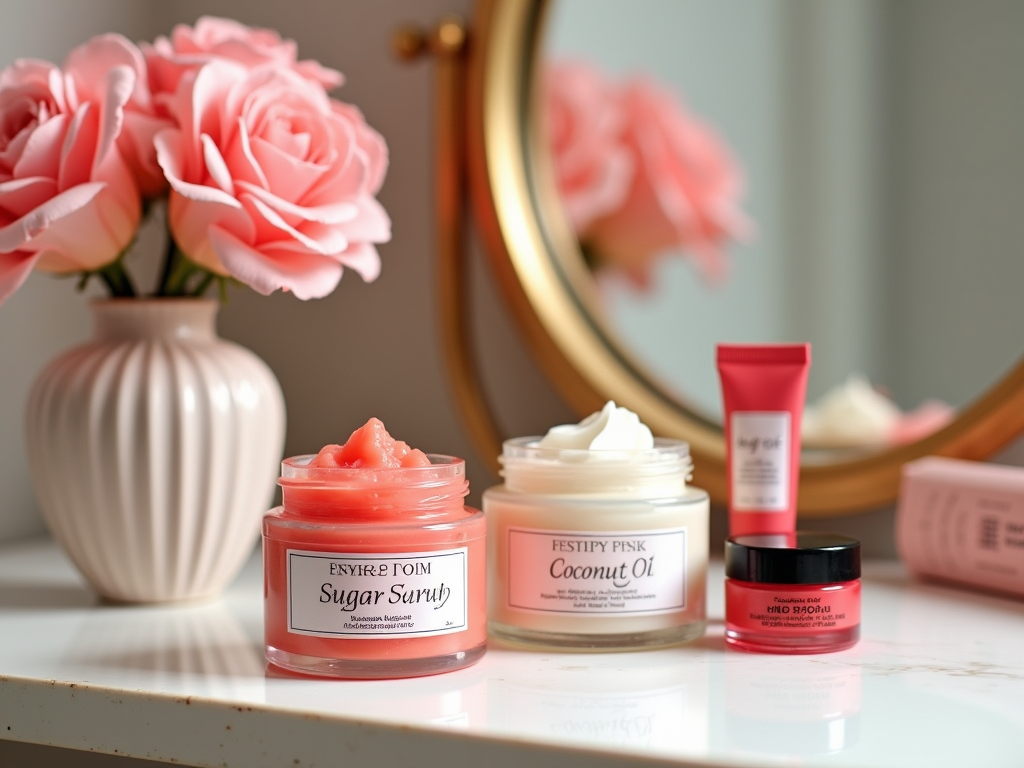 Skincare products on a vanity with roses and a mirror in the background.