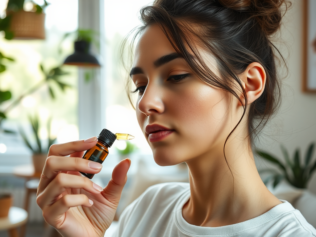 A woman looks thoughtfully at a dropper filled with liquid essential oil in a bright, plant-filled room.