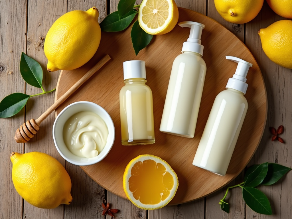 Lemon-themed skincare products on a wooden tray with fresh lemons and honey.