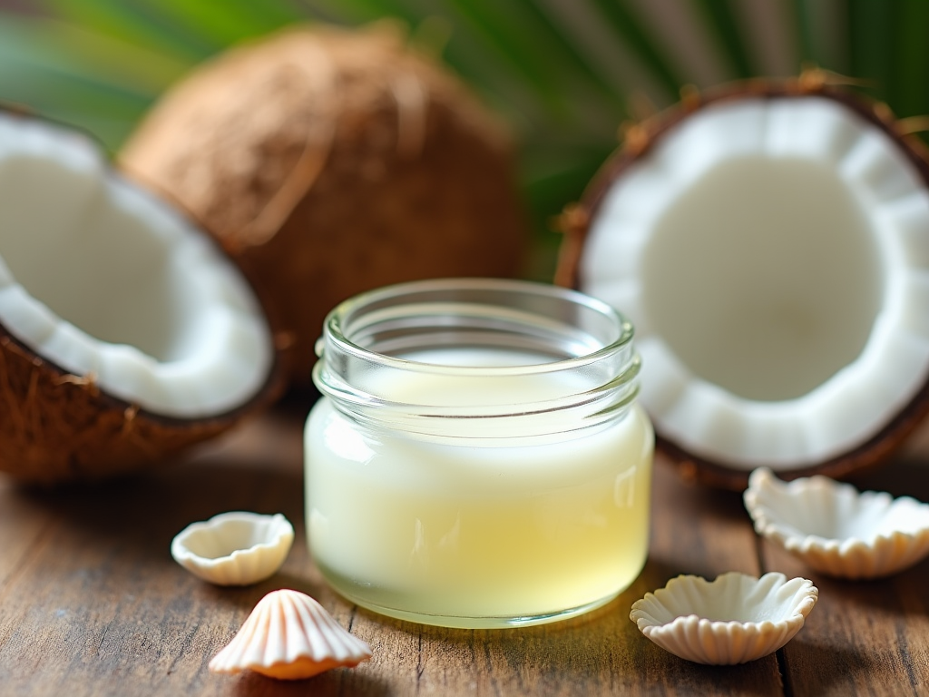 Jar of coconut oil with open coconuts and small shells on a wooden table, suggesting tropical and health themes.