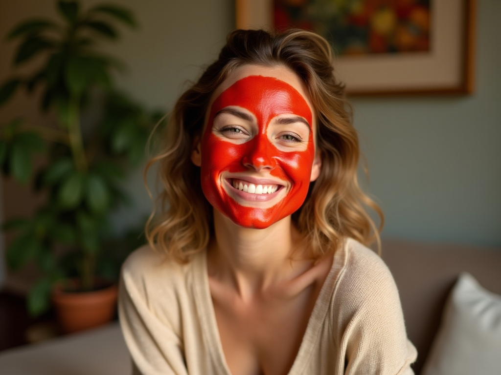 Woman smiling with red face paint in a cozy home setting.