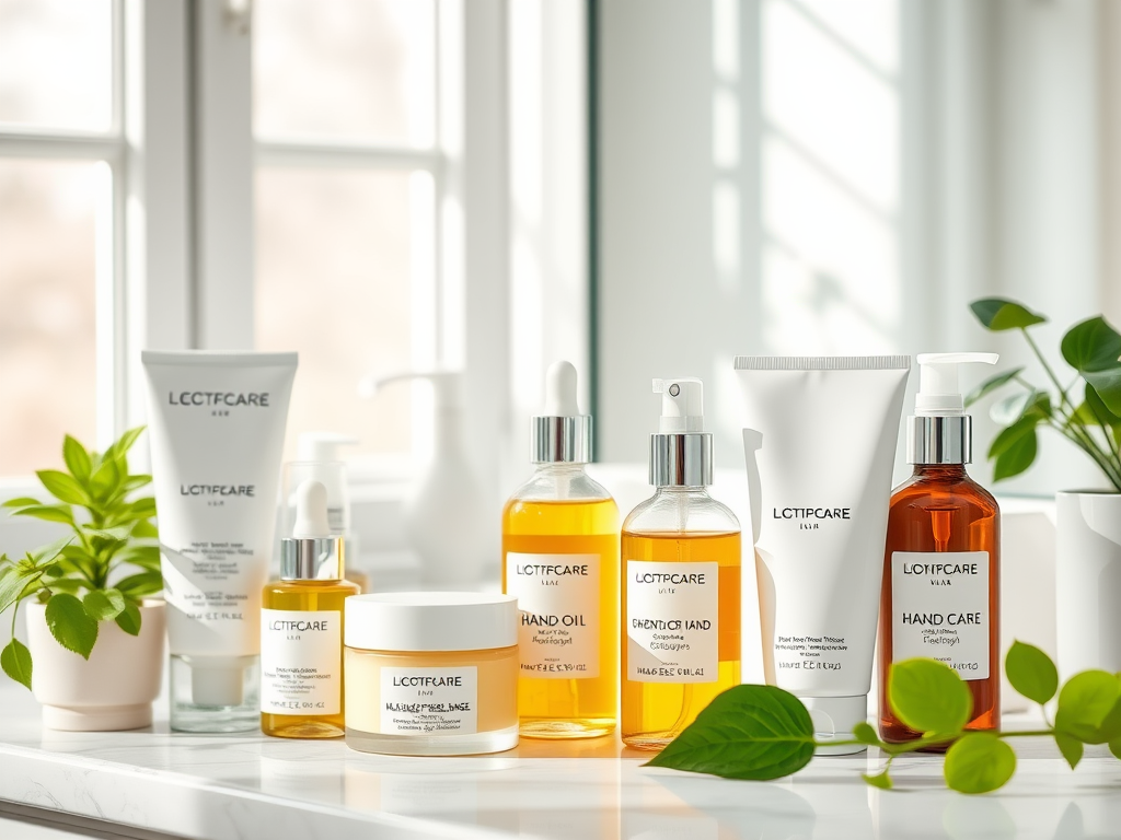 A collection of skin care products displayed on a countertop with plants and natural light in the background.