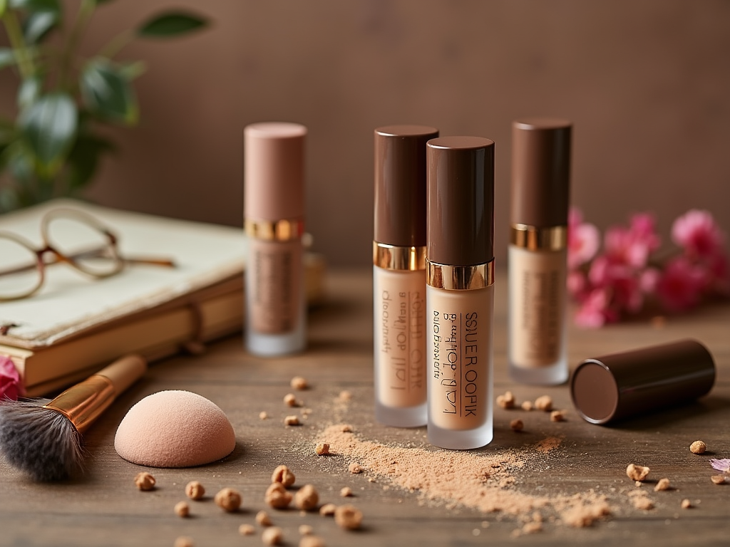 Makeup foundation sticks, brush, sponge, and books on wooden table.