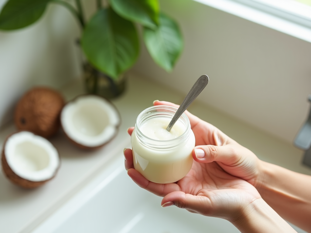 Hands holding a jar of coconut oil with a spoon, beside split coconuts and a green plant.