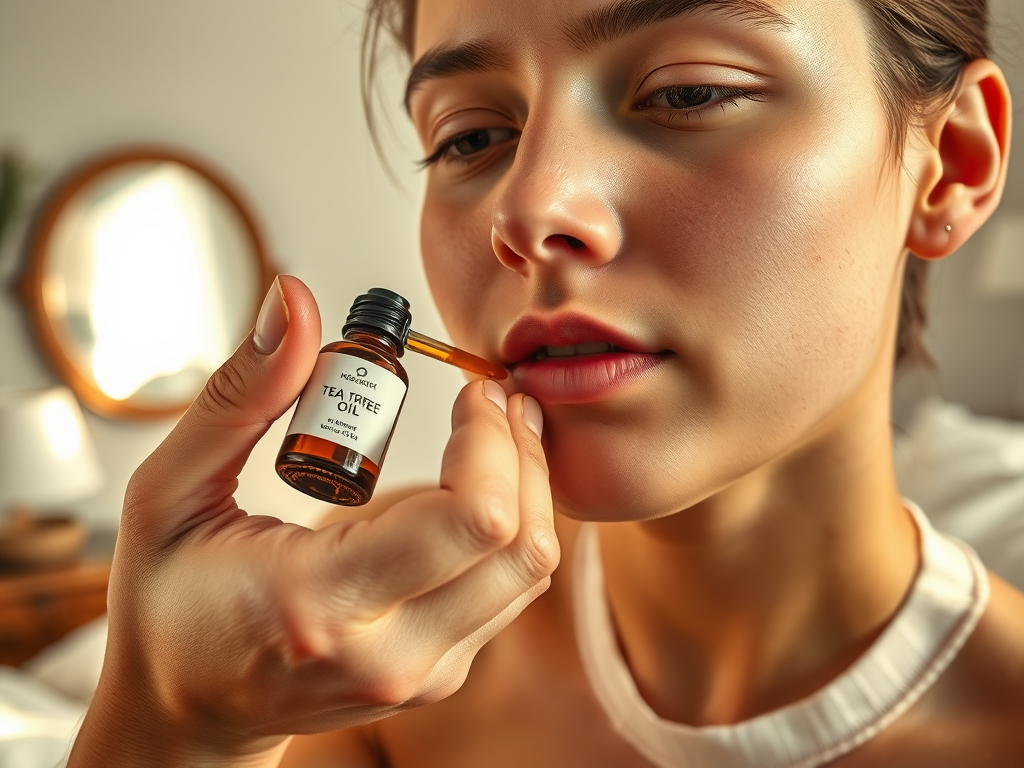 A close-up of a woman applying tea tree oil to her lips, focusing on skincare in a softly lit room.