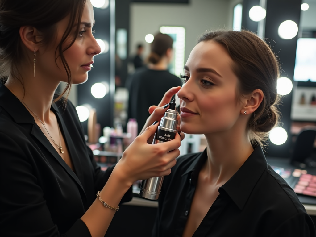 Makeup artist applying spray to a client’s face in a salon with lit mirrors.