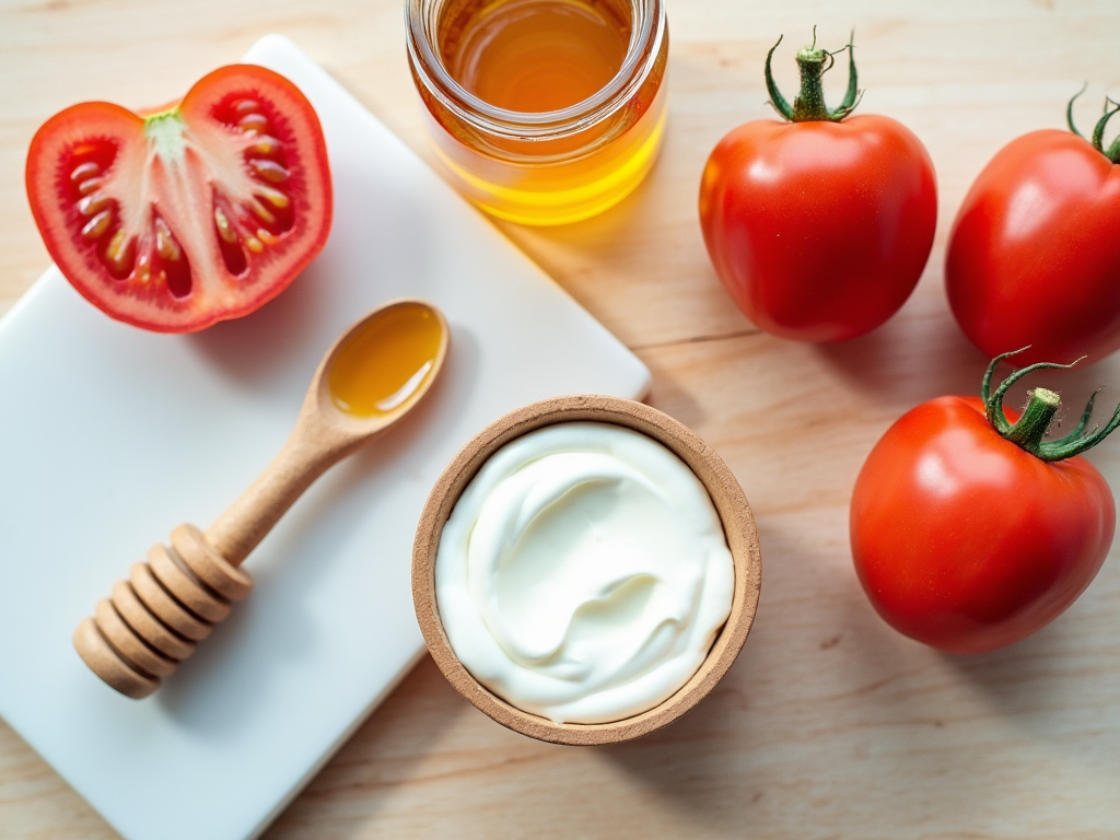 Fresh tomatoes, honey, and yogurt on a wooden surface, ideal for a healthy recipe.