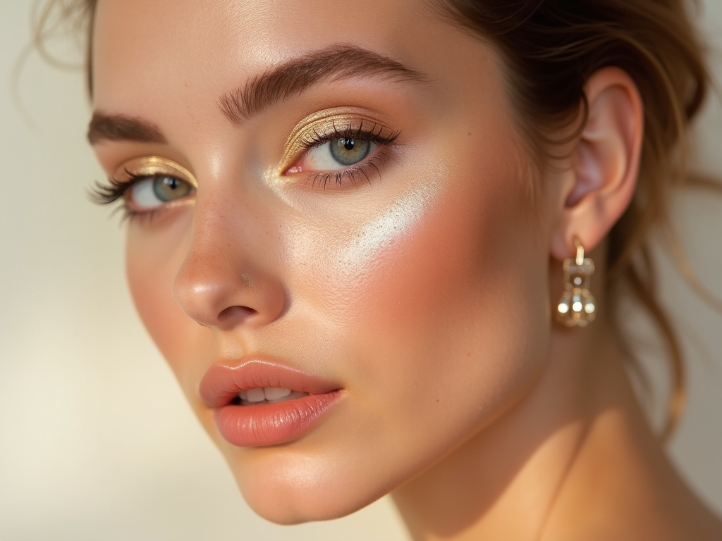 Close-up of a woman with golden eyeshadow, glowing skin, and a golden earring.