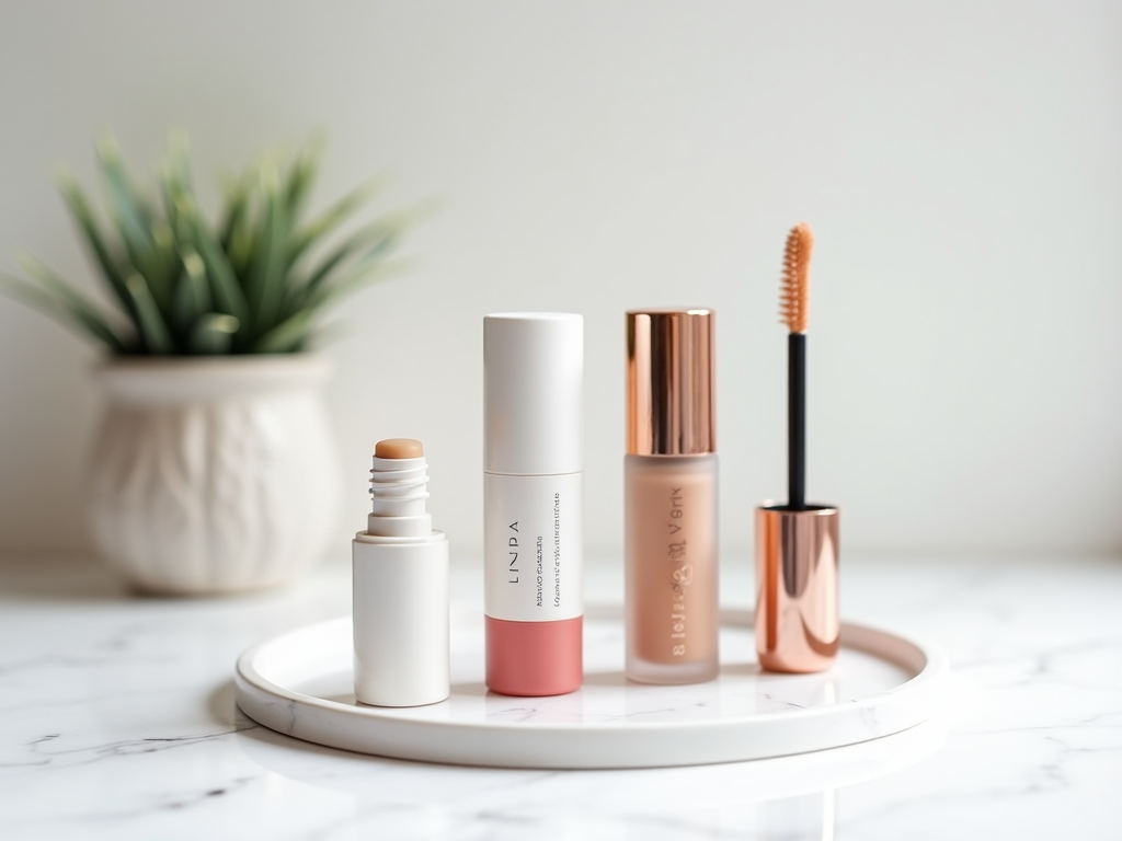 Assorted cosmetic products arranged on a marble tray with a blurred potted plant in the background.