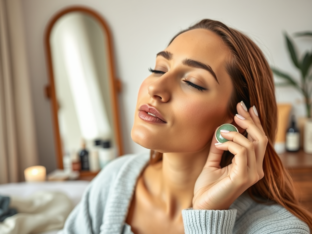 A woman holds a green facial tool to her cheek, eyes closed, in a cozy room with beauty products in the background.