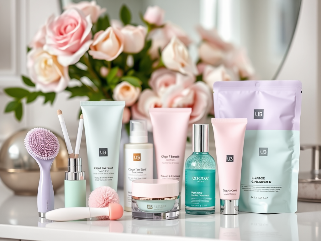 A collection of skincare products arranged on a vanity, surrounded by pink roses and soft lighting.