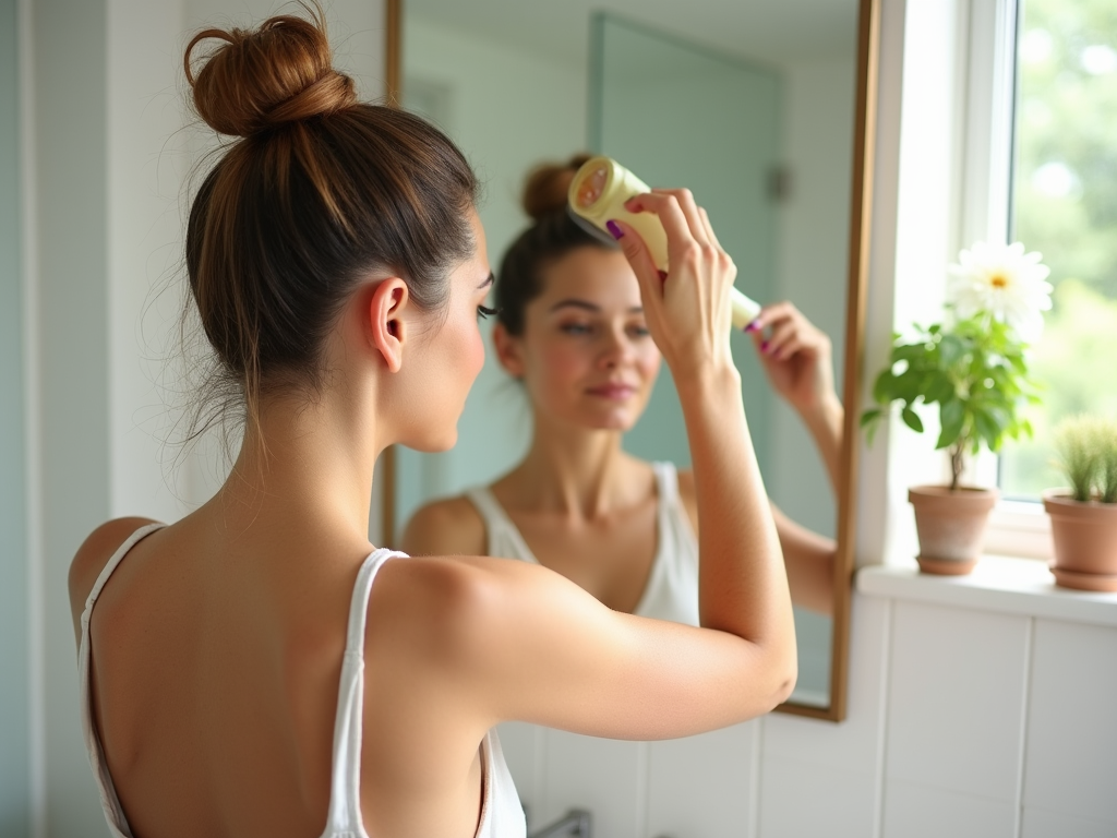 Woman using a facial cleansing brush in front of a mirror in a bright bathroom.