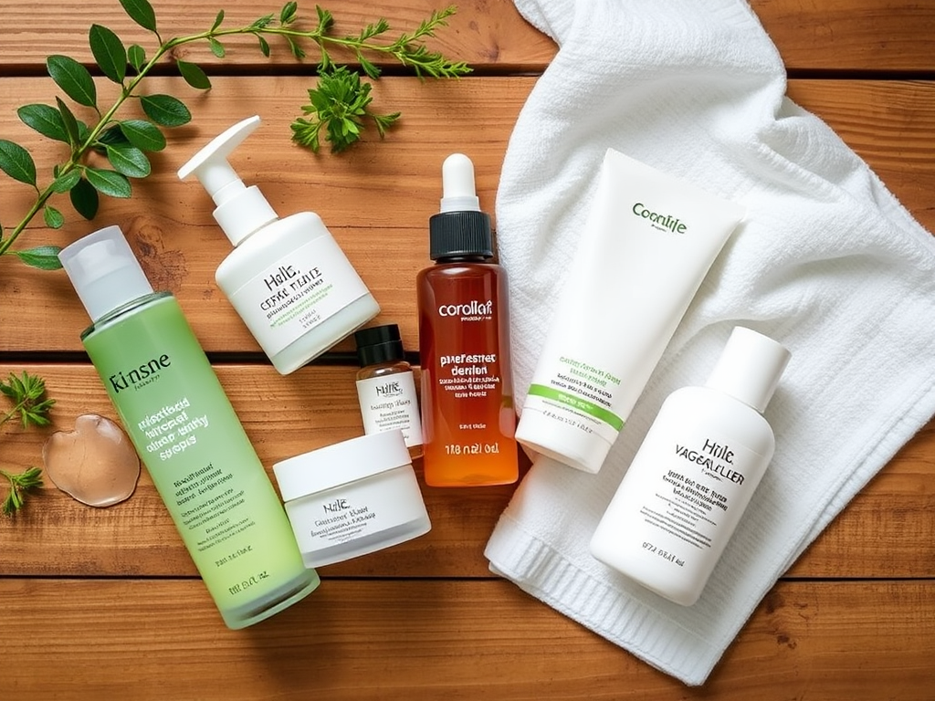 A flat lay of various skincare products on a wooden surface, surrounded by green leaves and a white towel.