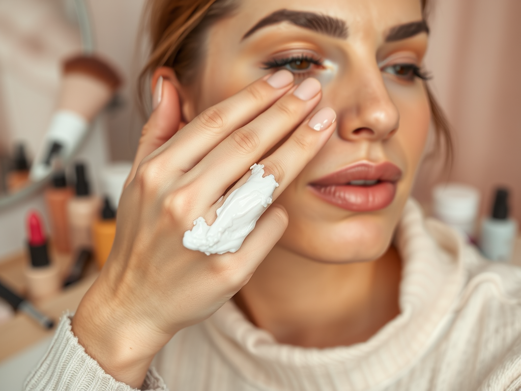 A woman applies cream on her cheek while holding her other hand to her face, with makeup products in the background.